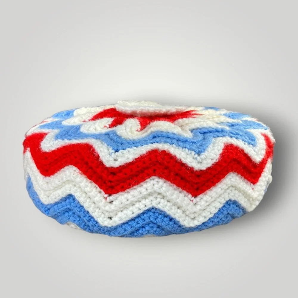 Crochet Flower Pillow Red White Blue Bicentennial Decor Handmade July 4 1970s